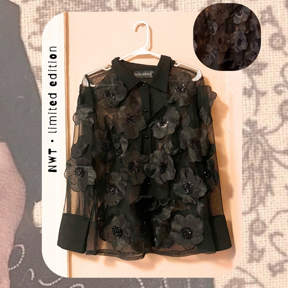 🌀🏷️🎉🆕 black sheer button up with embellished beaded 3D flowers